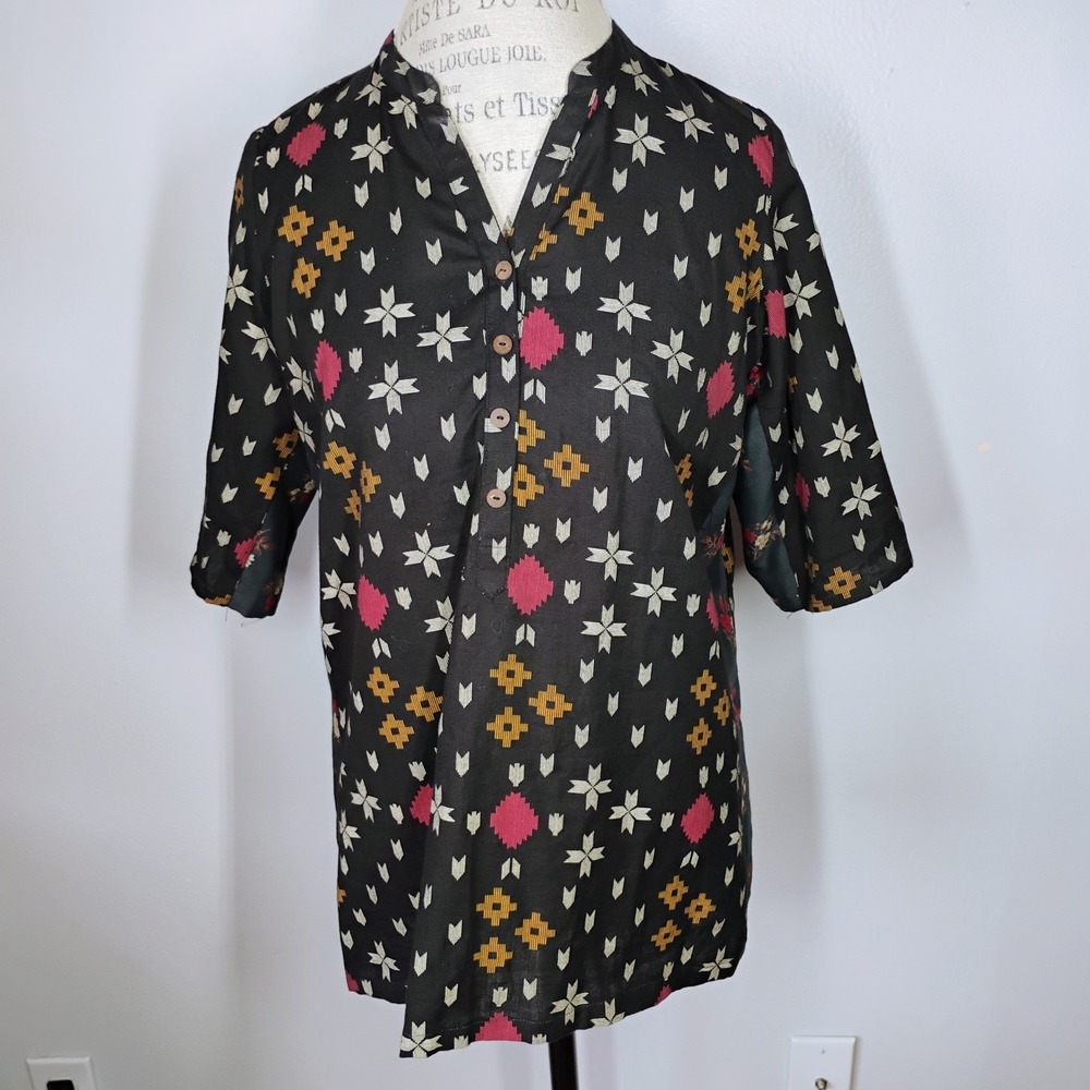 Utsa Tunic Top Womens XS Black Geometric Southwestern Boho Bohemian Side Panel